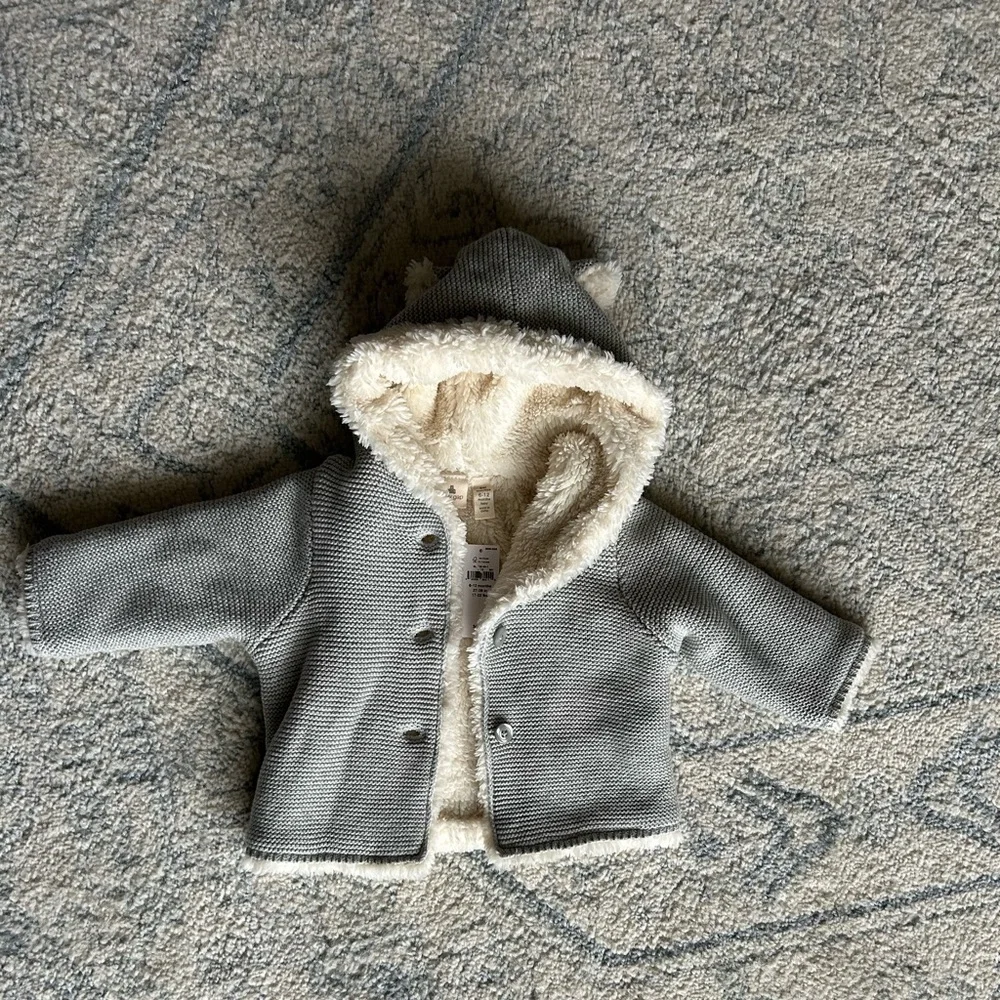 NWT Baby Gap Grey Cotton Sherpa Hooded Jacket size 6-12 months - Picture 6 of 13